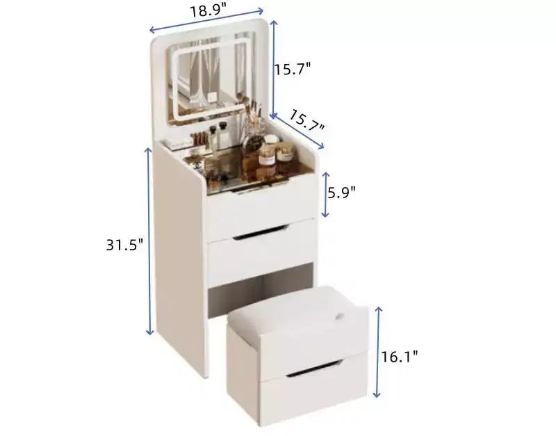 3-In-1 Vanity Table with Plip Top Mirror, Compact Vanity with Visible Glass Desktop and Cushioned Tool, Vanity Desk for Bedroom