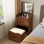 Coiffeuse 3-en-1 avec miroir basculant, coiffeuse compacte avec plateau en verre visible et tabouret rembourré, coiffeuse pour chambre à coucher