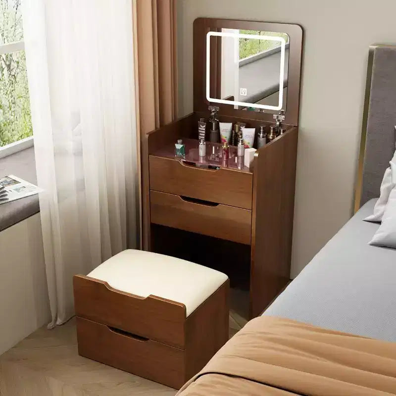 3-In-1 Vanity Table with Plip Top Mirror, Compact Vanity with Visible Glass Desktop and Cushioned Tool, Vanity Desk for Bedroom