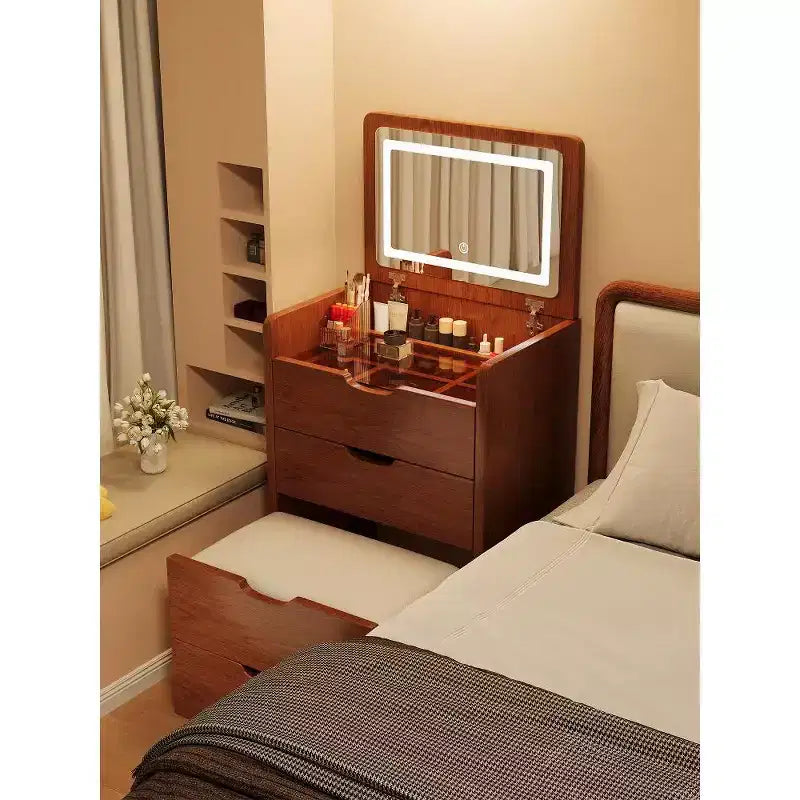 3-In-1 Vanity Table with Plip Top Mirror, Compact Vanity with Visible Glass Desktop and Cushioned Tool, Vanity Desk for Bedroom