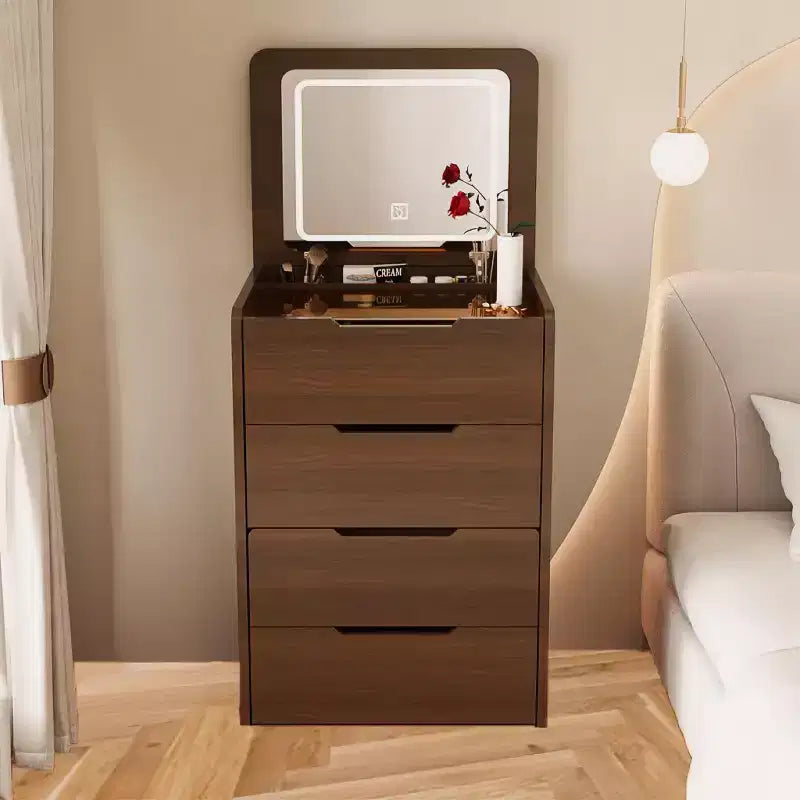 3-In-1 Vanity Table with Plip Top Mirror, Compact Vanity with Visible Glass Desktop and Cushioned Tool, Vanity Desk for Bedroom