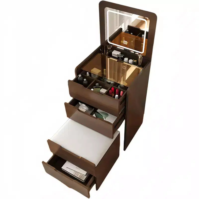 3-In-1 Vanity Table with Plip Top Mirror, Compact Vanity with Visible Glass Desktop and Cushioned Tool, Vanity Desk for Bedroom