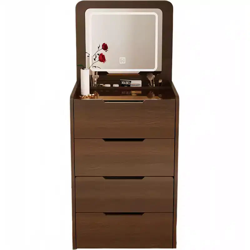 3-In-1 Vanity Table with Plip Top Mirror, Compact Vanity with Visible Glass Desktop and Cushioned Tool, Vanity Desk for Bedroom