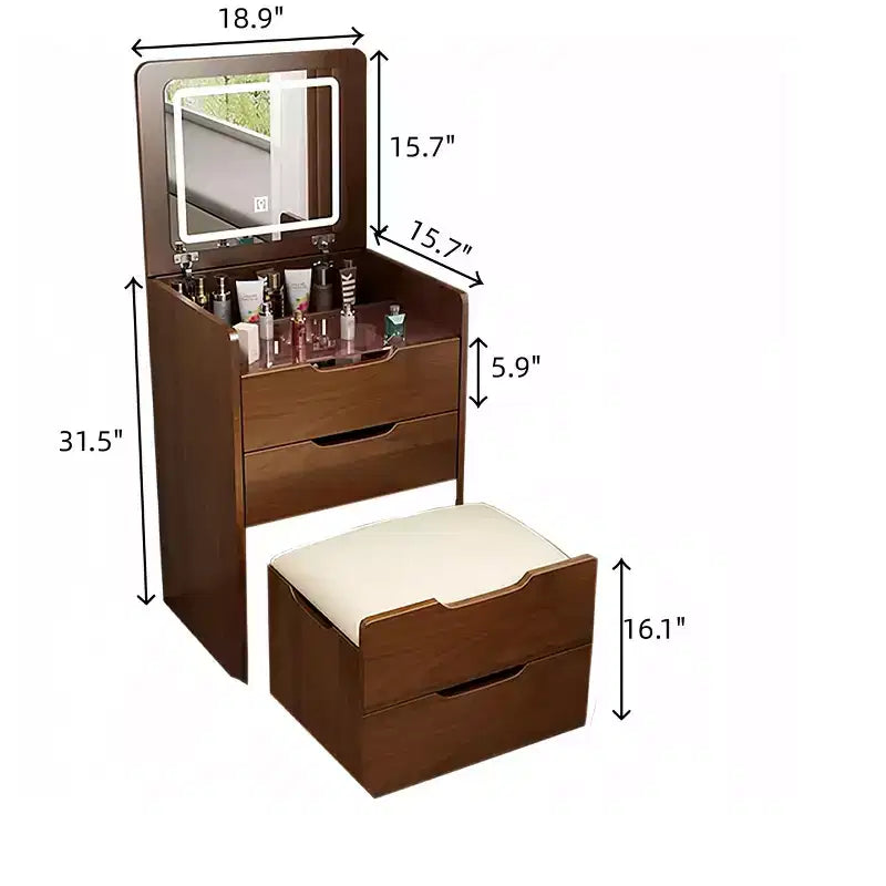 3-In-1 Vanity Table with Plip Top Mirror, Compact Vanity with Visible Glass Desktop and Cushioned Tool, Vanity Desk for Bedroom