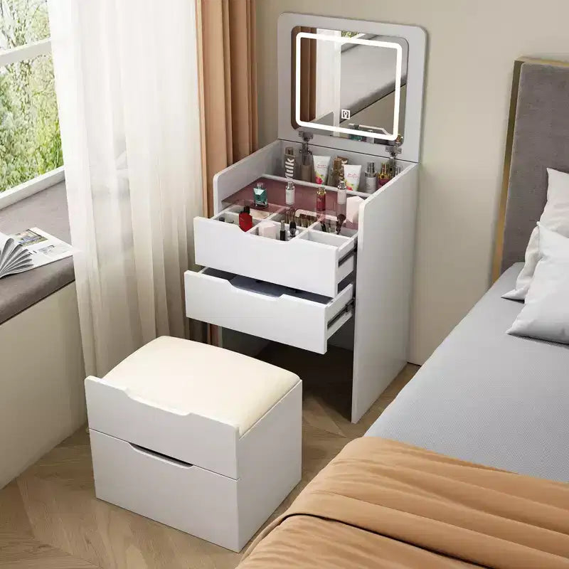 3-In-1 Vanity Table with Plip Top Mirror, Compact Vanity with Visible Glass Desktop and Cushioned Tool, Vanity Desk for Bedroom