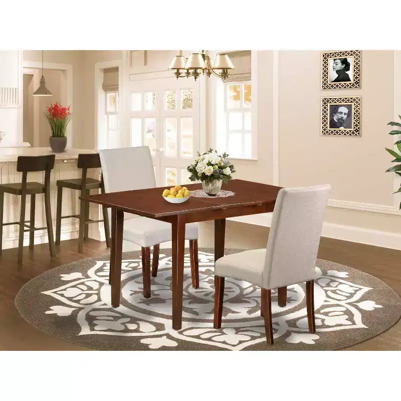 Mediterranean Dining - 3pc Rectangular Table w/ Leaf & 2 Parson Chairs - Cream Linen Fabric