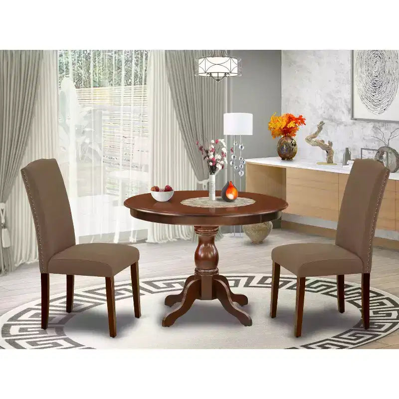 3-Piece Mahogany Finish Solid Wood Top - Button Tufted Upholstered Dining Room - Seats 4