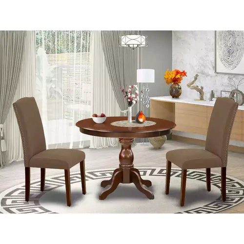 3-Piece Mahogany Finish Solid Wood Top - Button Tufted Upholstered Dining Room - Seats 4