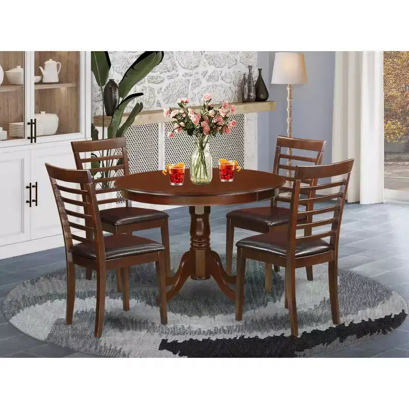 5-Pc Round Mahogany Finish Solid Wood Top Dining table with 4 Chairs