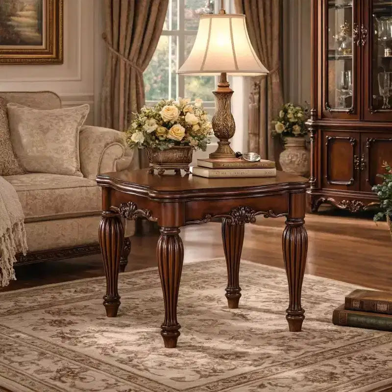 Square Top End Table With Scrolled Leg And Bottom Shelf, Cherry Brown