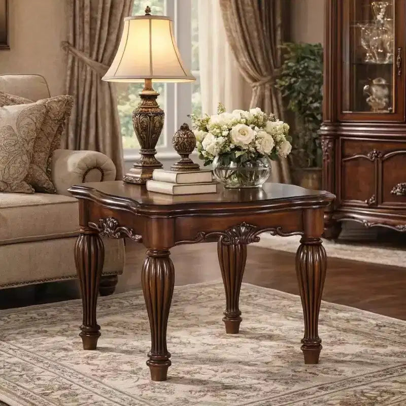 Square Top End Table With Scrolled Leg And Bottom Shelf, Cherry Brown