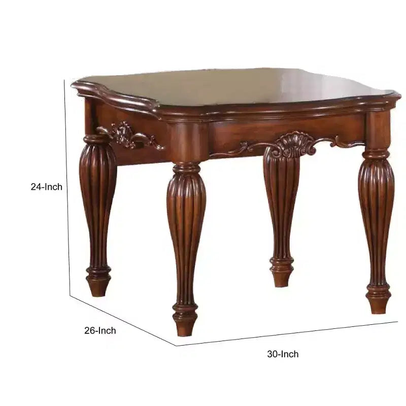Square Top End Table With Scrolled Leg And Bottom Shelf, Cherry Brown