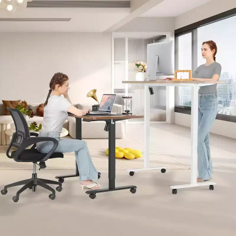 Standing Computer Desk Adjustable Height 63 24 Desk with outlet Rolling Wheels Dual-Beam Frame Mouse Pad Spliced Desktop Multifunctional