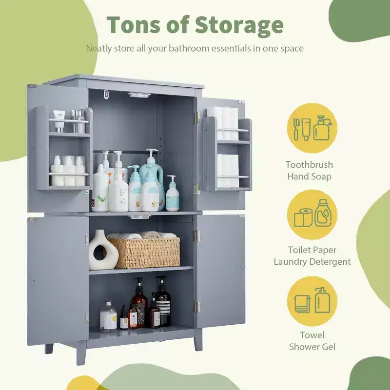 Space-Saving Bathroom Floor Storage Cabinet with Adjustable Shelves and Doors