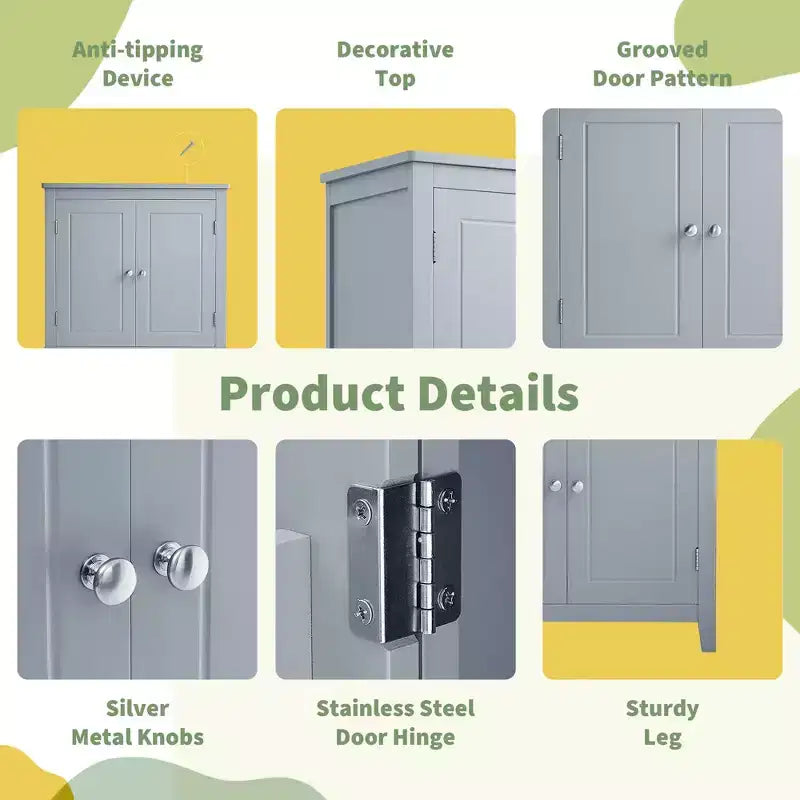 Space-Saving Bathroom Floor Storage Cabinet with Adjustable Shelves and Doors