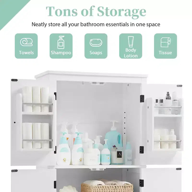 Space-Saving Bathroom Floor Storage Cabinet with Adjustable Shelves and Doors