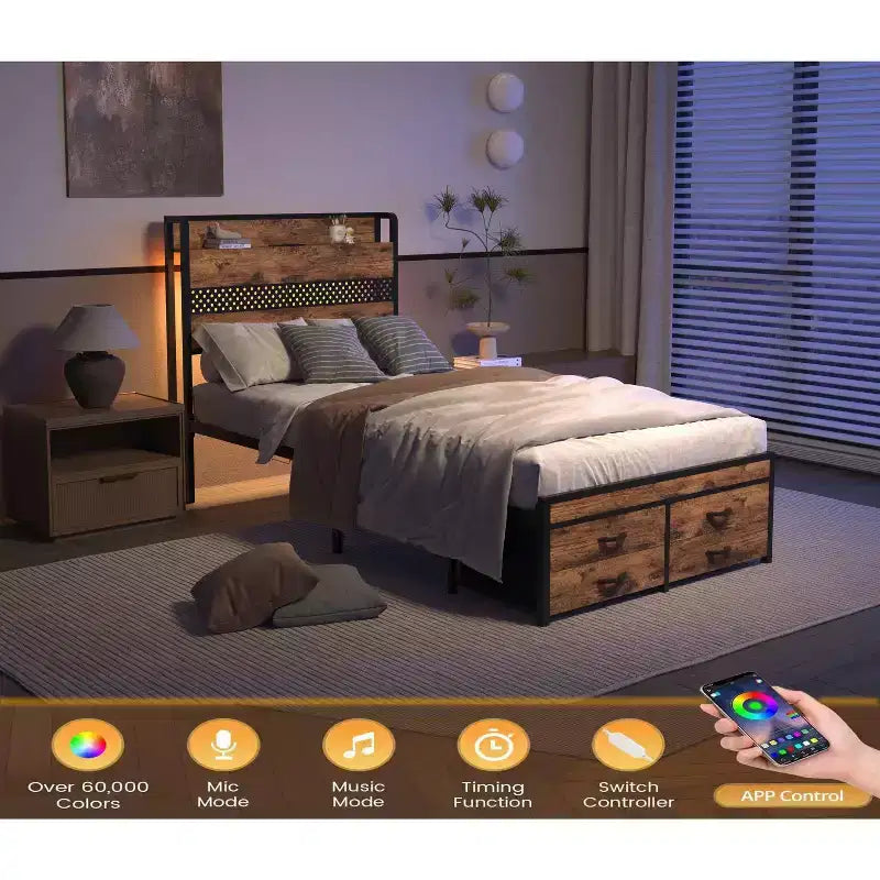 Twin Size Platform Bed Frame with Storage Headboard, 4 Under-Bed Drawers, LED Light and Charging Station for Smart Bedroom Solution