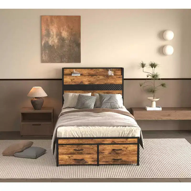 Twin Size Platform Bed Frame with Storage Headboard, 4 Under-Bed Drawers, LED Light and Charging Station for Smart Bedroom Solution