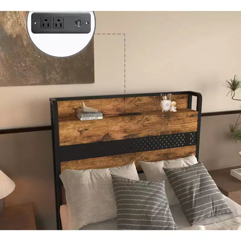 Twin Size Platform Bed Frame with Storage Headboard, 4 Under-Bed Drawers, LED Light and Charging Station for Smart Bedroom Solution