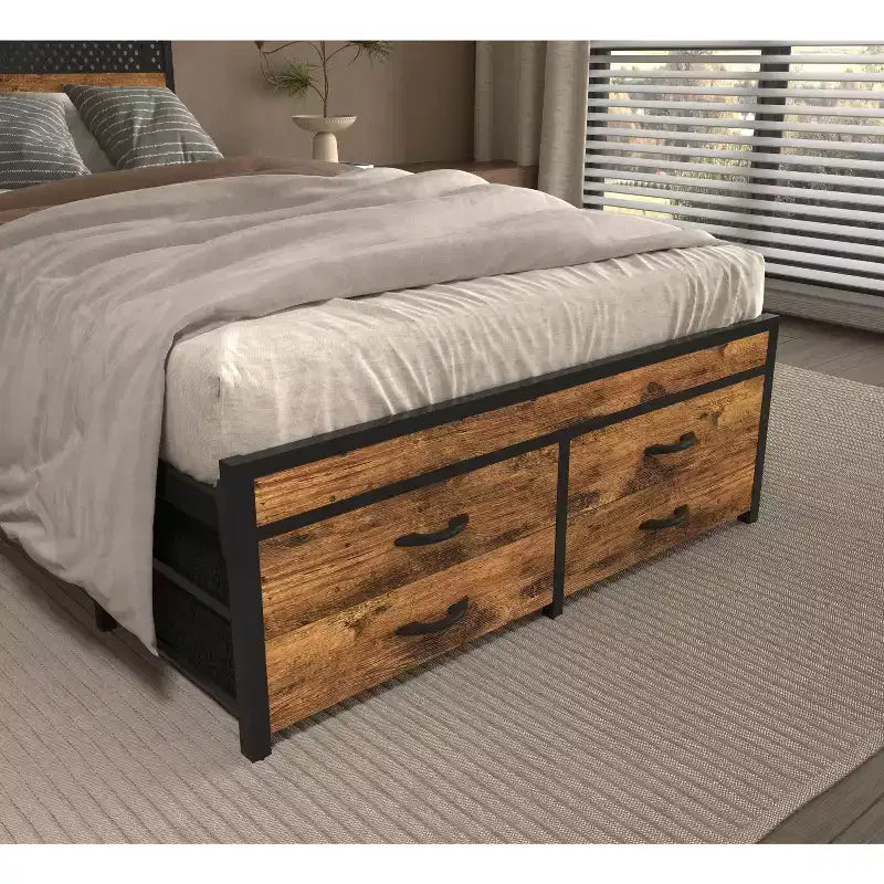 Twin Size Platform Bed Frame with Storage Headboard, 4 Under-Bed Drawers, LED Light and Charging Station for Smart Bedroom Solution