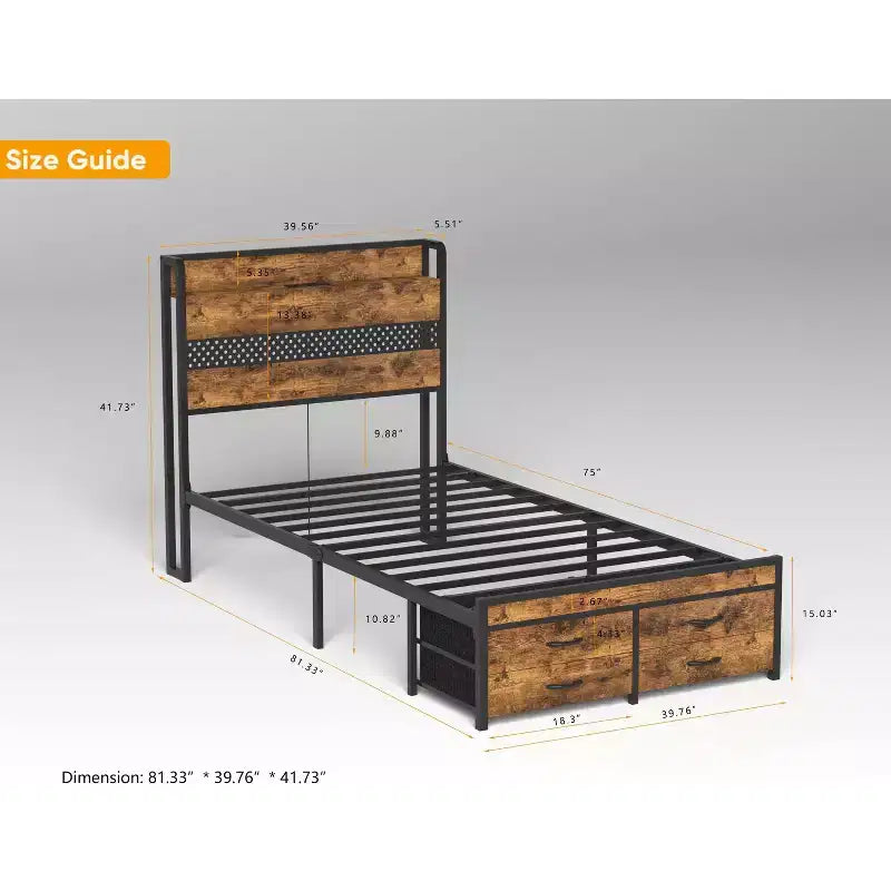 Twin Size Platform Bed Frame with Storage Headboard, 4 Under-Bed Drawers, LED Light and Charging Station for Smart Bedroom Solution