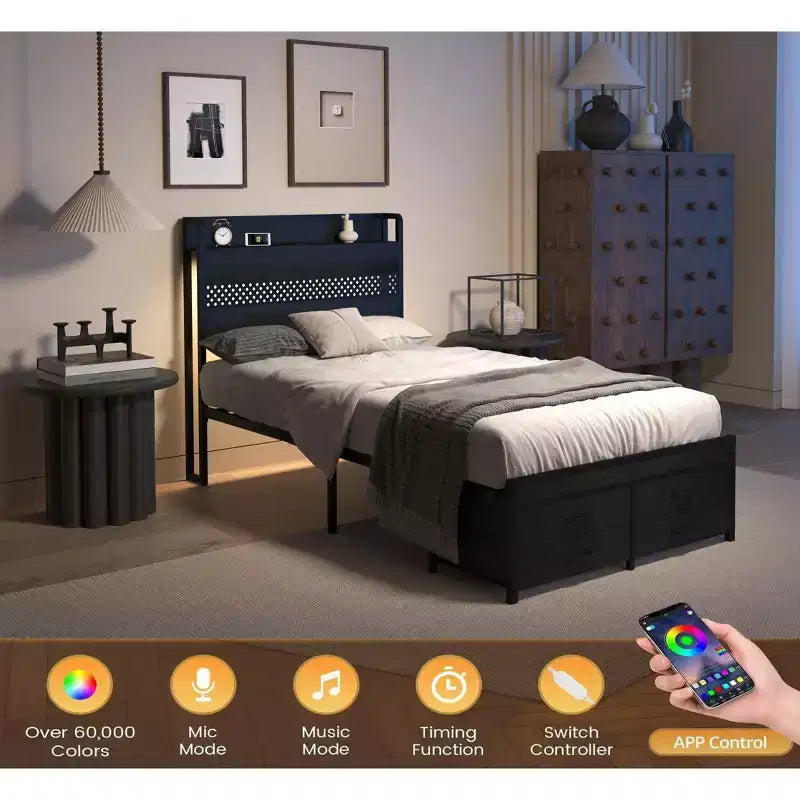 Twin Size Platform Bed Frame with Storage Headboard, 4 Under-Bed Drawers, LED Light and Charging Station for Smart Bedroom Solution