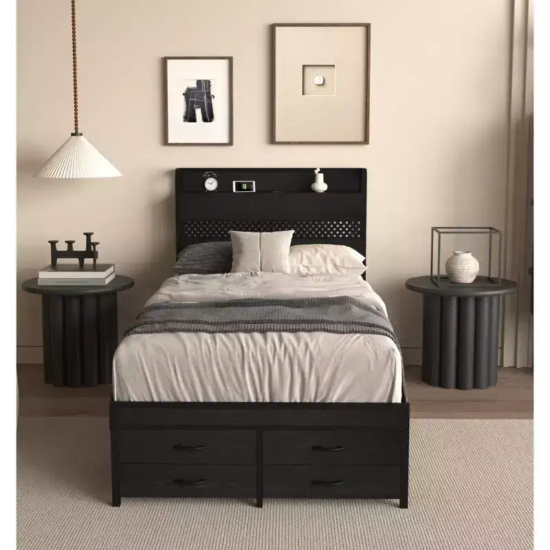 Twin Size Platform Bed Frame with Storage Headboard, 4 Under-Bed Drawers, LED Light and Charging Station for Smart Bedroom Solution