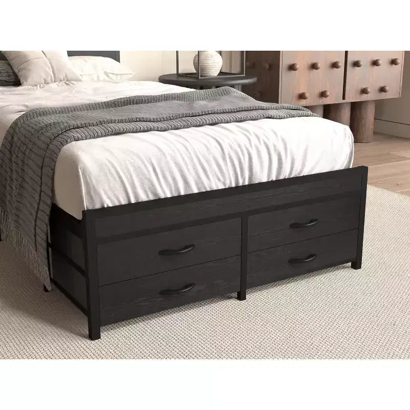 Twin Size Platform Bed Frame with Storage Headboard, 4 Under-Bed Drawers, LED Light and Charging Station for Smart Bedroom Solution