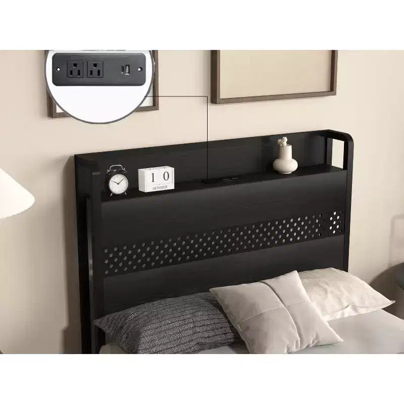 Twin Size Platform Bed Frame with Storage Headboard, 4 Under-Bed Drawers, LED Light and Charging Station for Smart Bedroom Solution