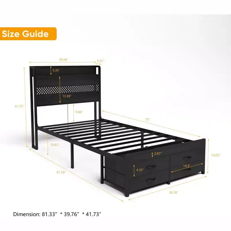 Twin Size Platform Bed Frame with Storage Headboard, 4 Under-Bed Drawers, LED Light and Charging Station for Smart Bedroom Solution