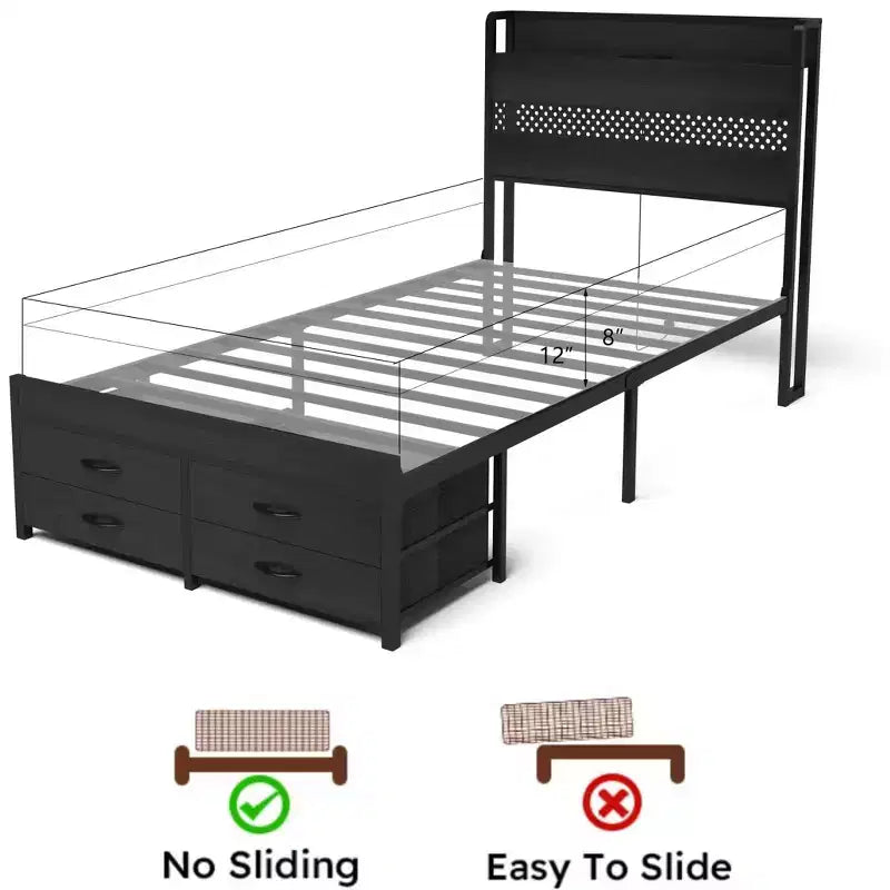 Twin Size Platform Bed Frame with Storage Headboard, 4 Under-Bed Drawers, LED Light and Charging Station for Smart Bedroom Solution