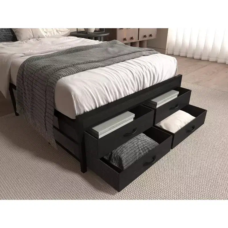 Twin Size Platform Bed Frame with Storage Headboard, 4 Under-Bed Drawers, LED Light and Charging Station for Smart Bedroom Solution