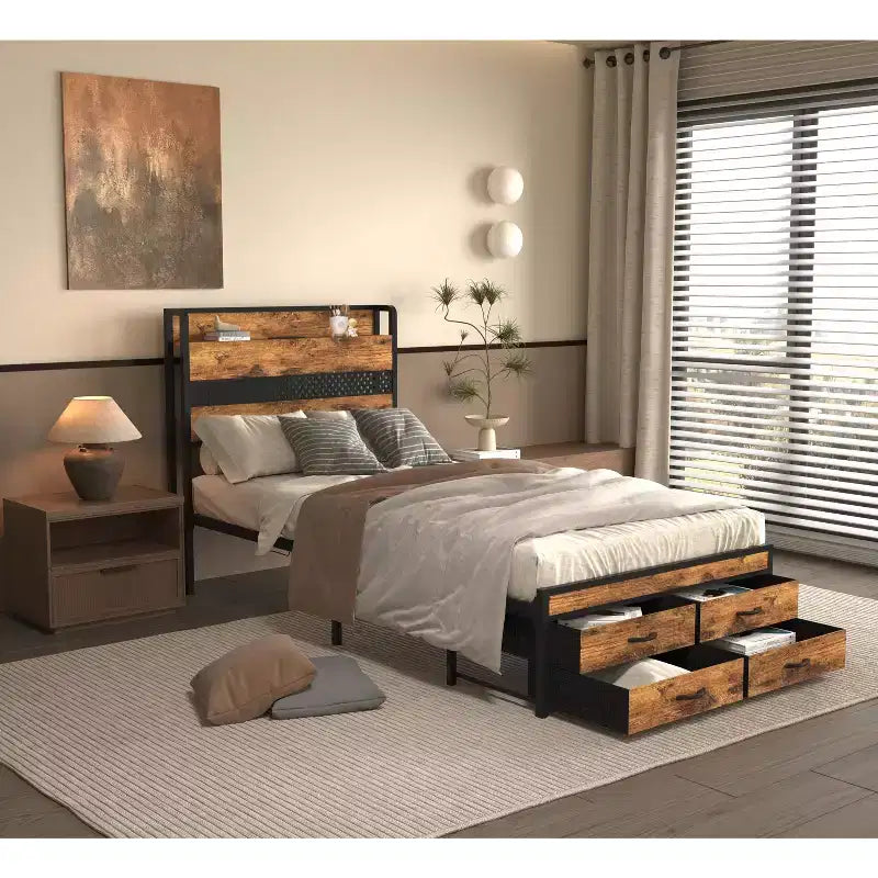 Twin Size Platform Bed Frame with Storage Headboard, 4 Under-Bed Drawers, LED Light and Charging Station for Smart Bedroom Solution