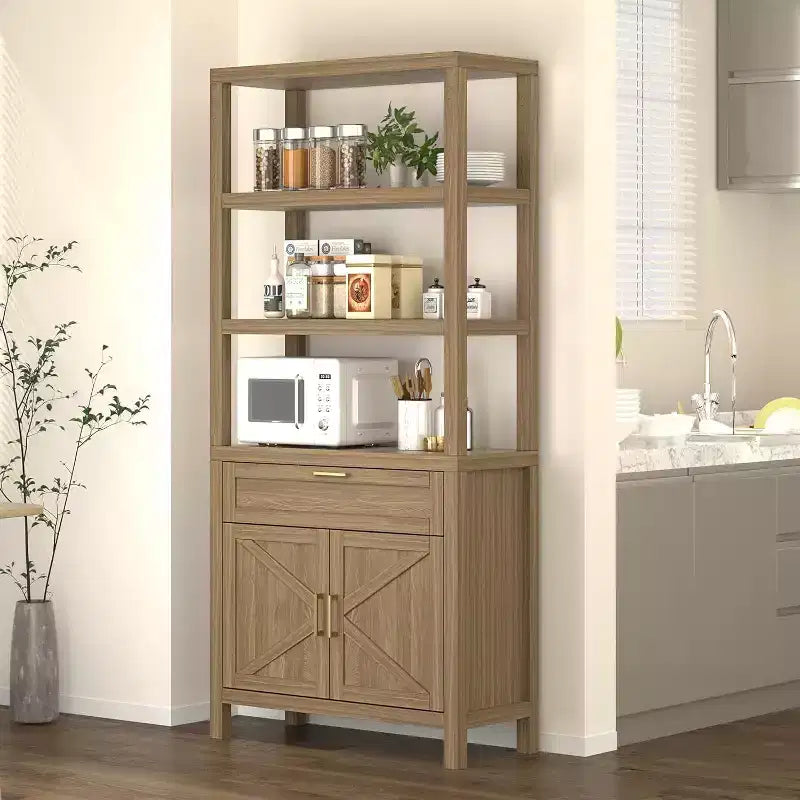 5 Tier 71 in Tall Farmhouse Wooden Bookcase with Adjustable Shelves, Cabinet, Drawer and Sliding Doors, for Bedroom, Living Room, Home Office