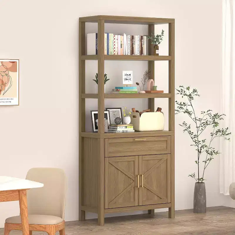5 Tier 71 in Tall Farmhouse Wooden Bookcase with Adjustable Shelves, Cabinet, Drawer and Sliding Doors, for Bedroom, Living Room, Home Office