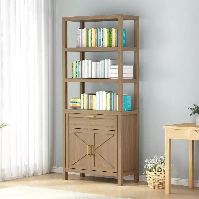 5 Tier 71 in Tall Farmhouse Wooden Bookcase with Adjustable Shelves, Cabinet, Drawer and Sliding Doors, for Bedroom, Living Room, Home Office