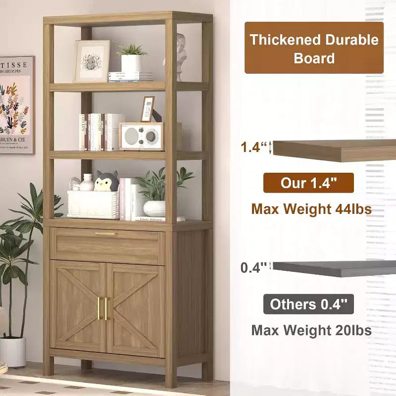 5 Tier 71 in Tall Farmhouse Wooden Bookcase with Adjustable Shelves, Cabinet, Drawer and Sliding Doors, for Bedroom, Living Room, Home Office