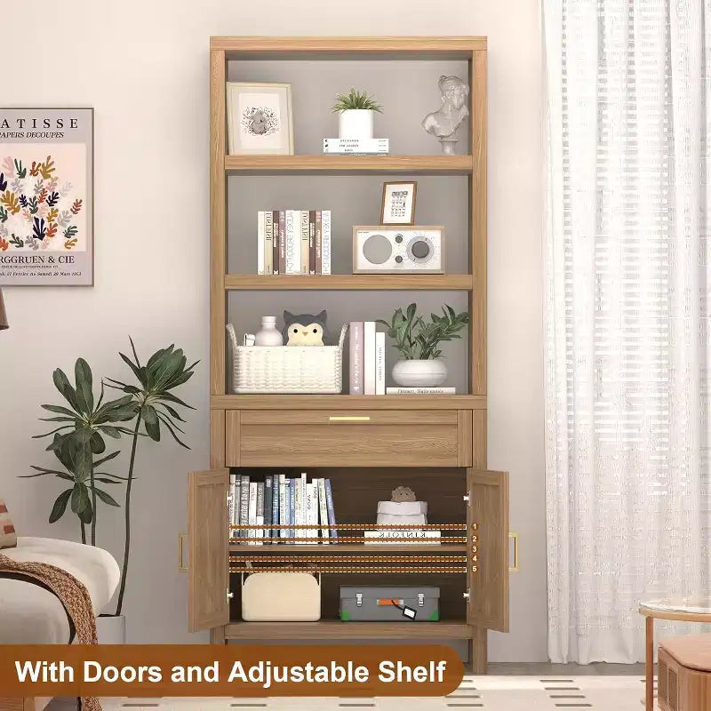 5 Tier 71 in Tall Farmhouse Wooden Bookcase with Adjustable Shelves, Cabinet, Drawer and Sliding Doors, for Bedroom, Living Room, Home Office