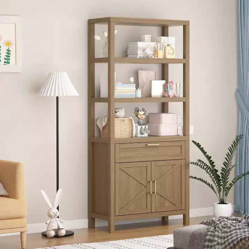 5 Tier 71 in Tall Farmhouse Wooden Bookcase with Adjustable Shelves, Cabinet, Drawer and Sliding Doors, for Bedroom, Living Room, Home Office