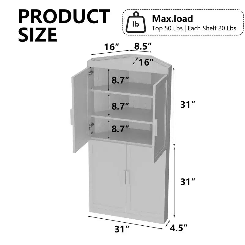 Armoire d'angle moderne en bois massif à 4 portes Rangement efficace pour coin de maison, salon, blanc