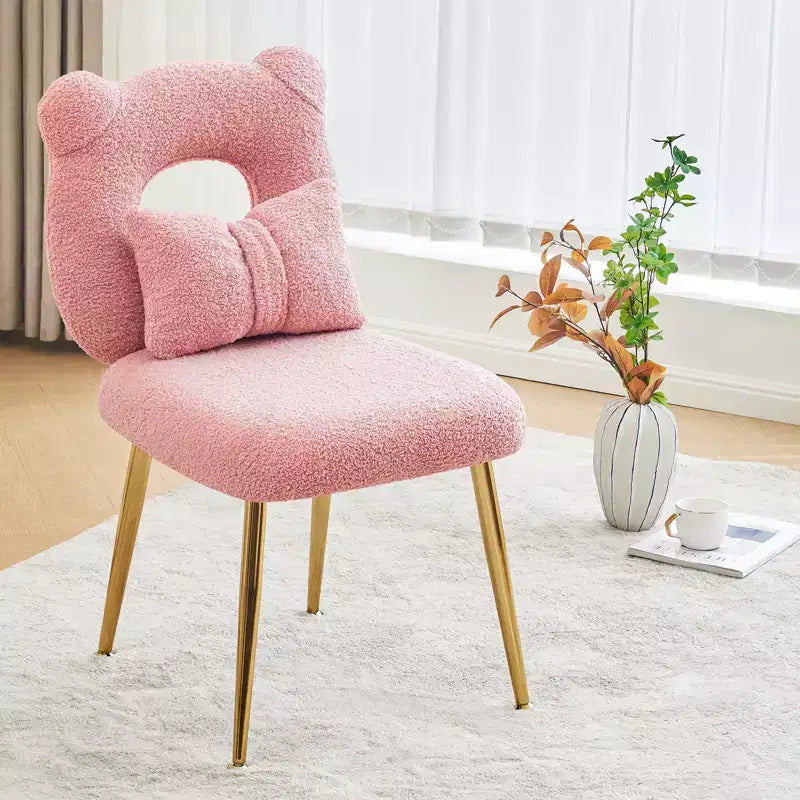 Vanity Chair, Faux Shearling Upholstery, Backrest Pillow and Golden Metal Legs, for Living Room/Dressing Room/Home Office