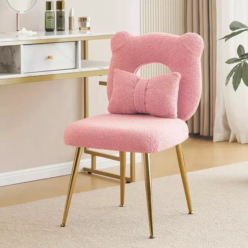 Vanity Chair, Faux Shearling Upholstery, Backrest Pillow and Golden Metal Legs, for Living Room/Dressing Room/Home Office