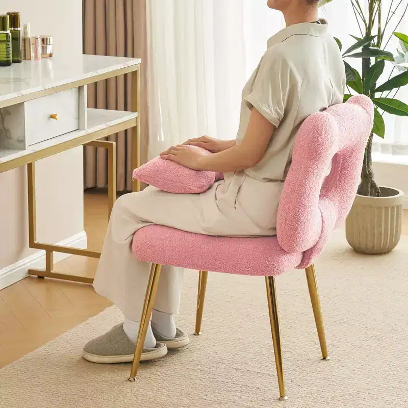 Vanity Chair, Faux Shearling Upholstery, Backrest Pillow and Golden Metal Legs, for Living Room/Dressing Room/Home Office
