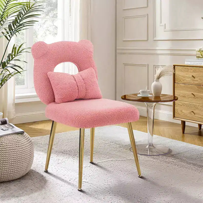 Vanity Chair, Faux Shearling Upholstery, Backrest Pillow and Golden Metal Legs, for Living Room/Dressing Room/Home Office