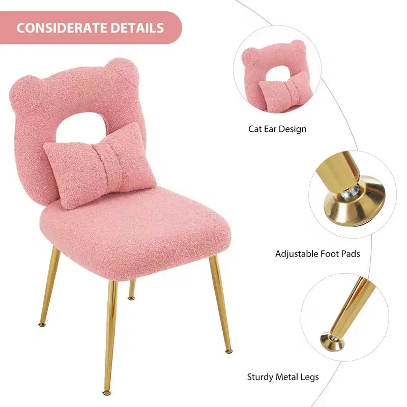 Vanity Chair, Faux Shearling Upholstery, Backrest Pillow and Golden Metal Legs, for Living Room/Dressing Room/Home Office