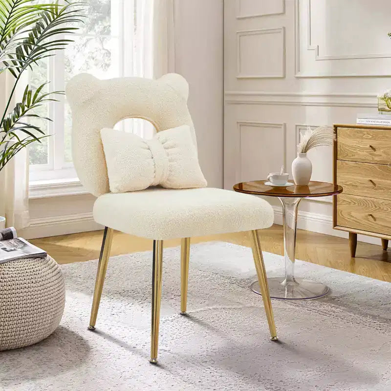 Vanity Chair, Faux Shearling Upholstery, Backrest Pillow and Golden Metal Legs, for Living Room/Dressing Room/Home Office