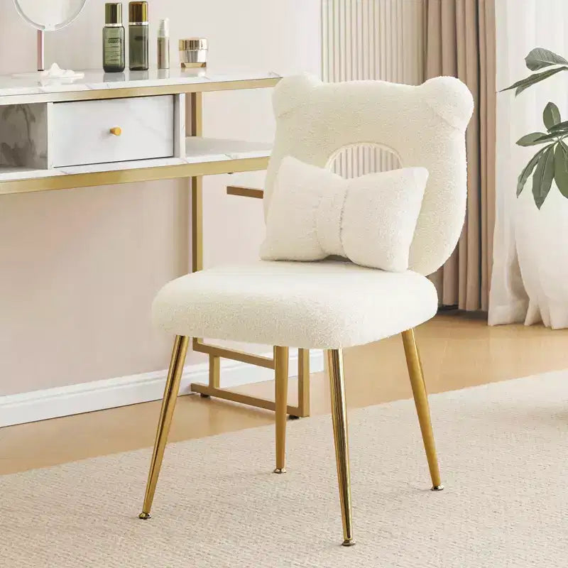 Vanity Chair, Faux Shearling Upholstery, Backrest Pillow and Golden Metal Legs, for Living Room/Dressing Room/Home Office
