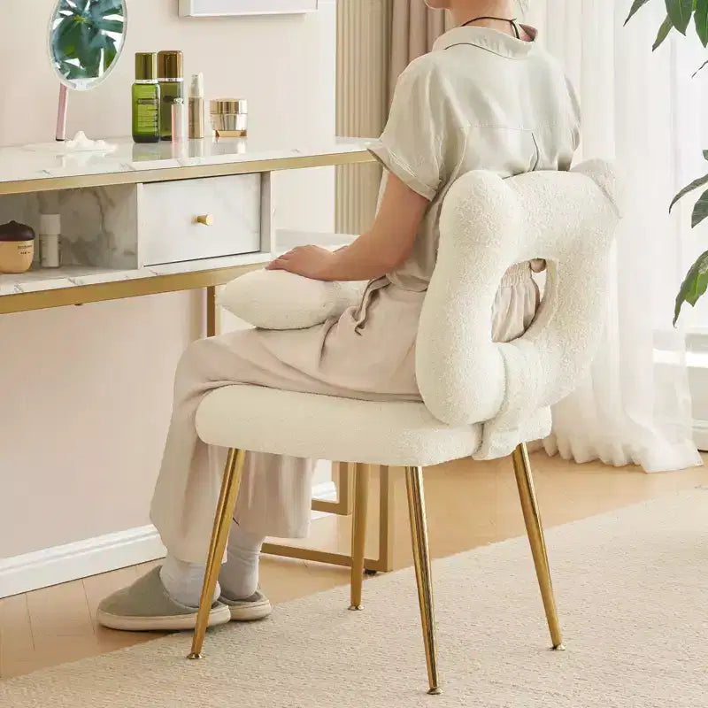 Vanity Chair, Faux Shearling Upholstery, Backrest Pillow and Golden Metal Legs, for Living Room/Dressing Room/Home Office