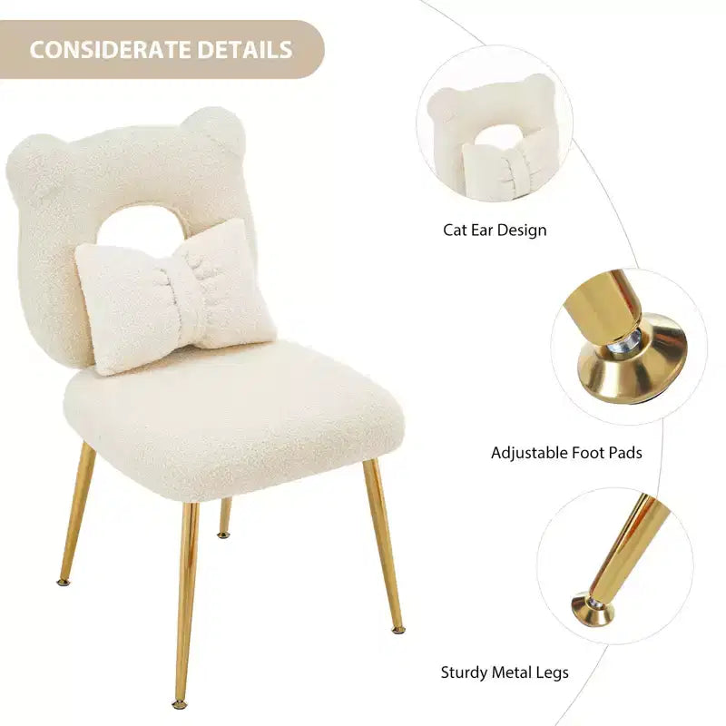 Vanity Chair, Faux Shearling Upholstery, Backrest Pillow and Golden Metal Legs, for Living Room/Dressing Room/Home Office