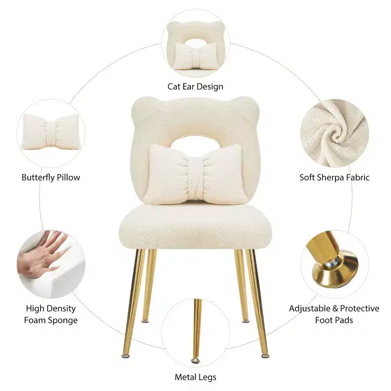 Vanity Chair, Faux Shearling Upholstery, Backrest Pillow and Golden Metal Legs, for Living Room/Dressing Room/Home Office